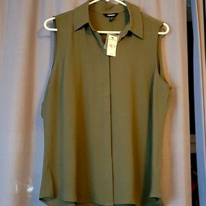 Express army green sheer button up tank top blouse